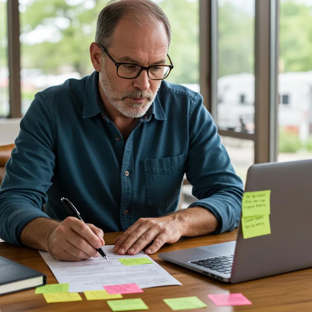 Campground owner planning exit strategy with documents and laptop