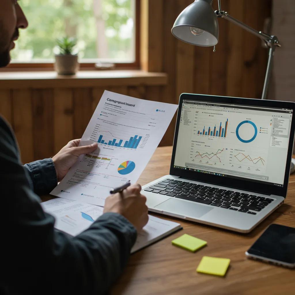 Campground owner reviewing financial documents in a cozy office