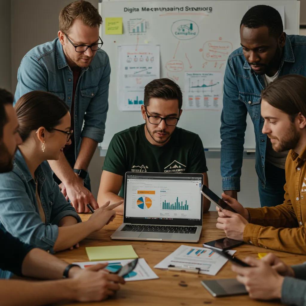 Campground owners discussing digital marketing strategies in a meeting