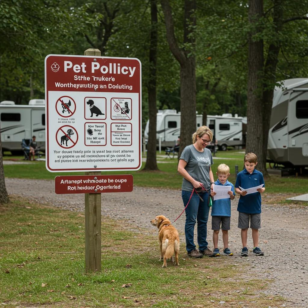 A sign displaying campground pet policy with a family and their leashed dog nearby