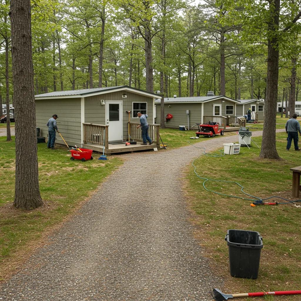Campground preparation scene with workers enhancing facilities and landscaping, illustrating the sale readiness process