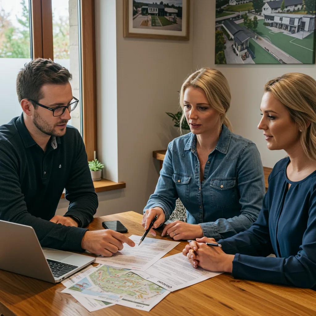 Campground real estate agent discussing property details with clients in a cozy office
