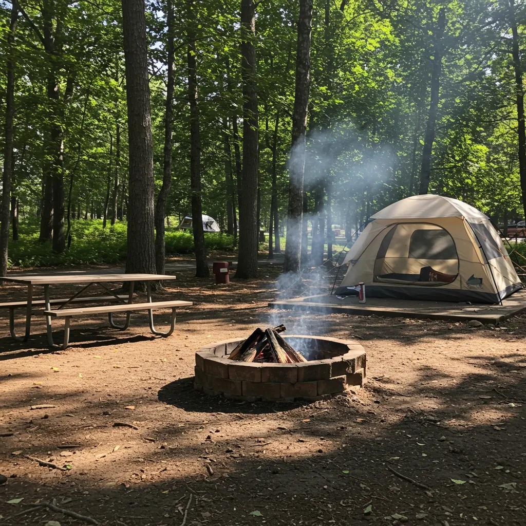 Campground site with a tent, picnic table, and campfire, showcasing typical amenities for family camping