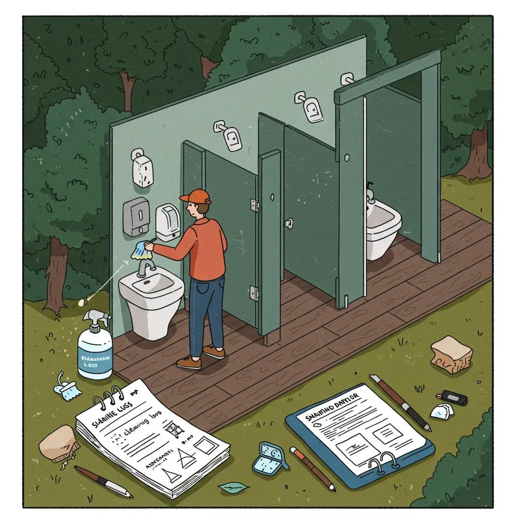 Campground staff diligently cleaning restrooms, showcasing sanitation efforts and commitment to guest safety