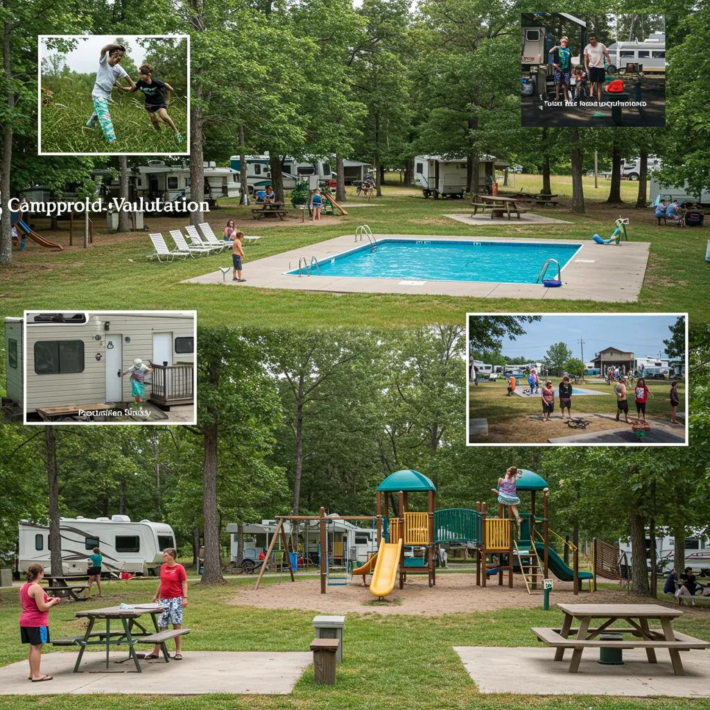 Campground with premium amenities illustrating factors affecting valuation, including happy guests
