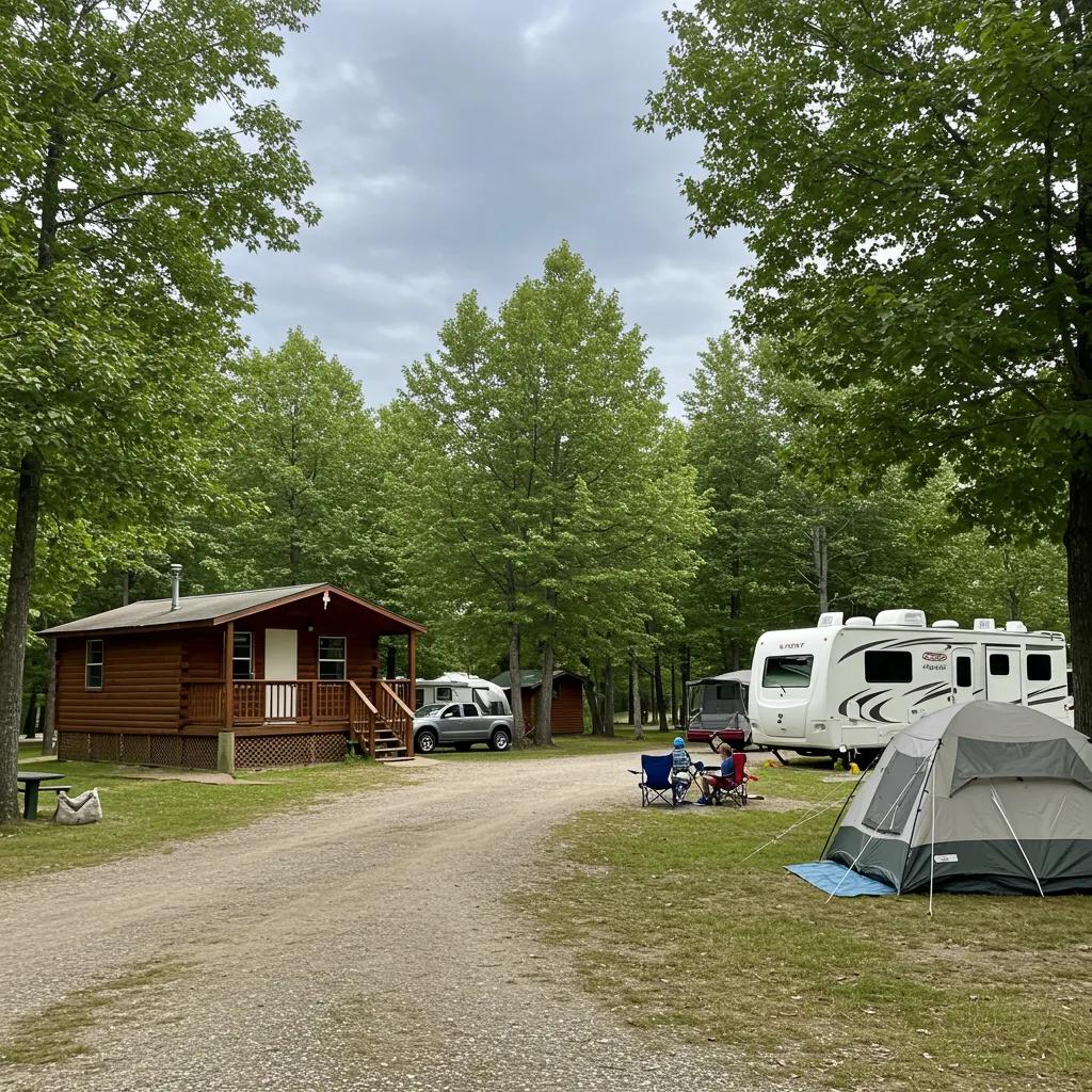 Camping accommodations at Camp Dearborn, featuring cabins, RV sites, and tent setups in a natural setting