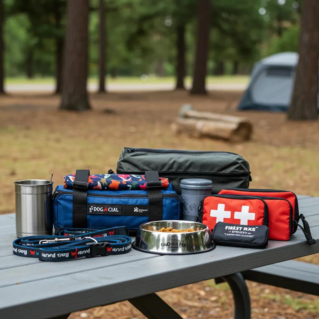 Camping essentials for dogs neatly arranged on a picnic table in a scenic campground setting