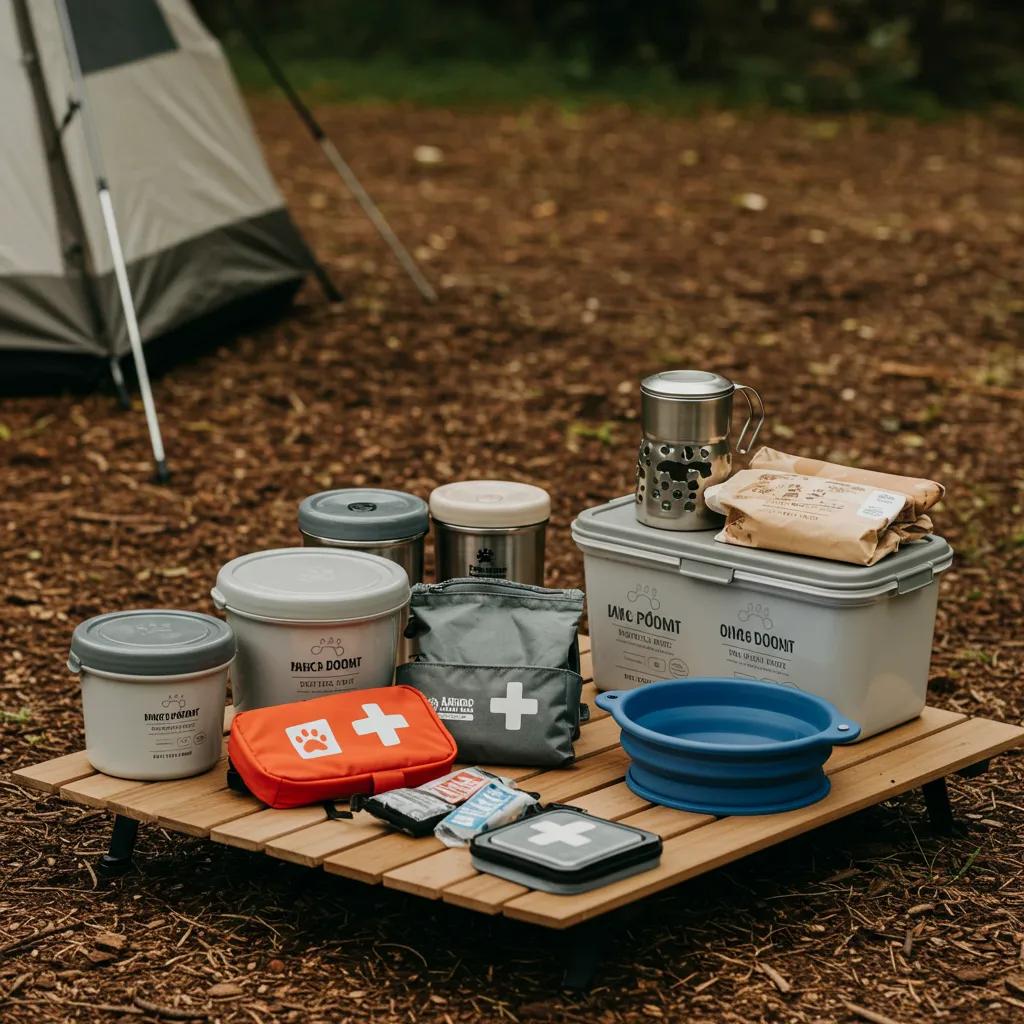 Camping essentials for dogs including food containers and a first-aid kit