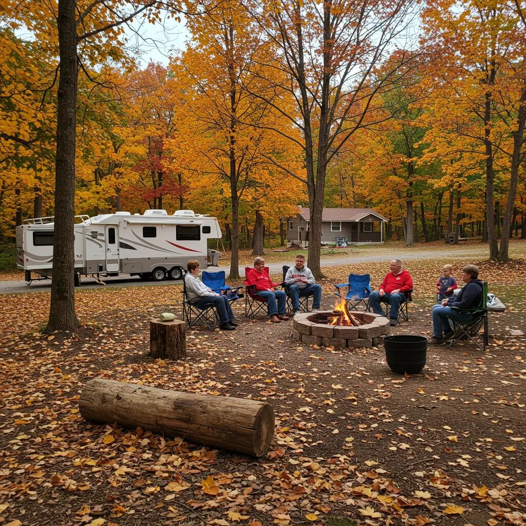 A cozy campsite in Ohio during autumn, surrounded by vibrant fall foliage and a crackling campfire
