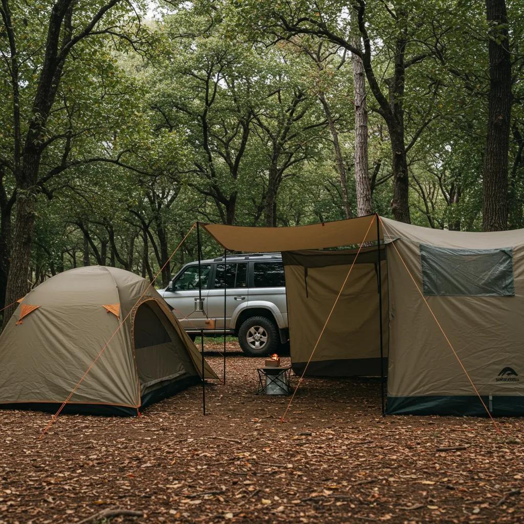 Campsite setup demonstrating privacy techniques with inward orientation