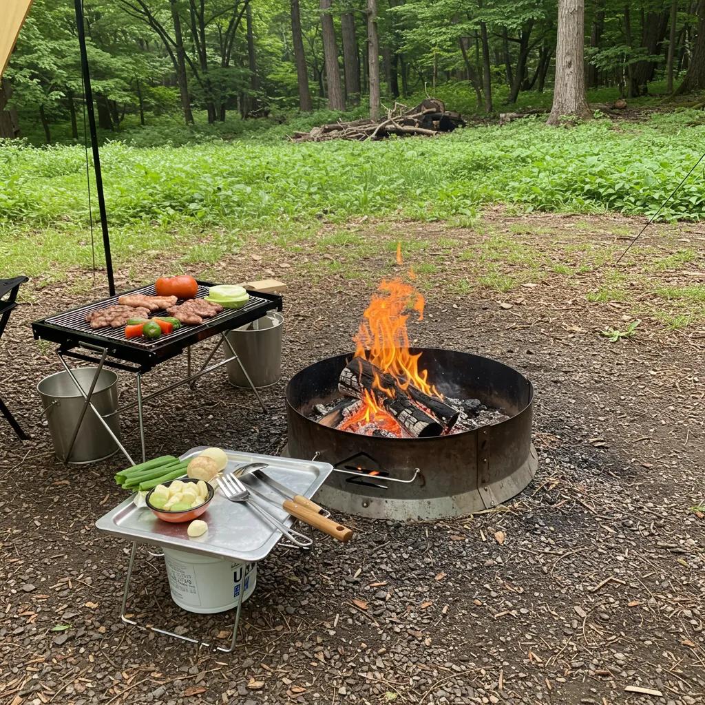 Campsite with a safe campfire and portable grill, highlighting camping safety and enjoyment