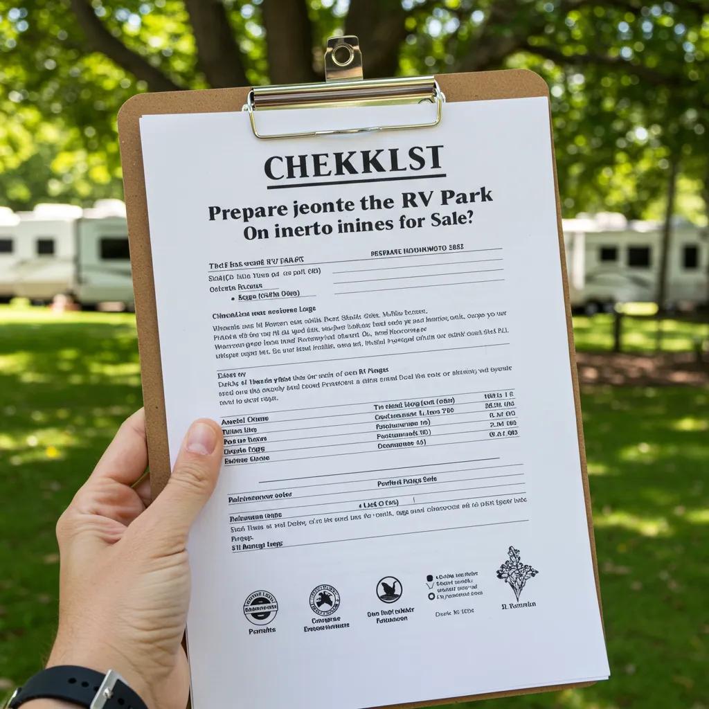 Checklist for preparing an RV park for sale with a scenic RV park background