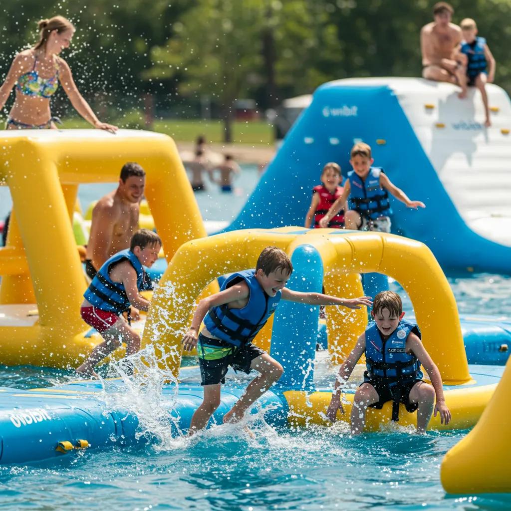 Children and families enjoying the Wibit water park at Camp Dearborn, highlighting fun and safety in water activities