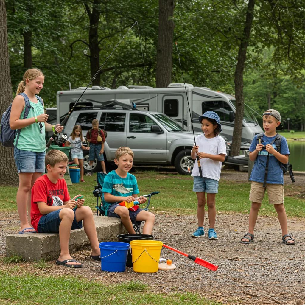 Children enjoying outdoor activities at a campground, such as fishing and hiking