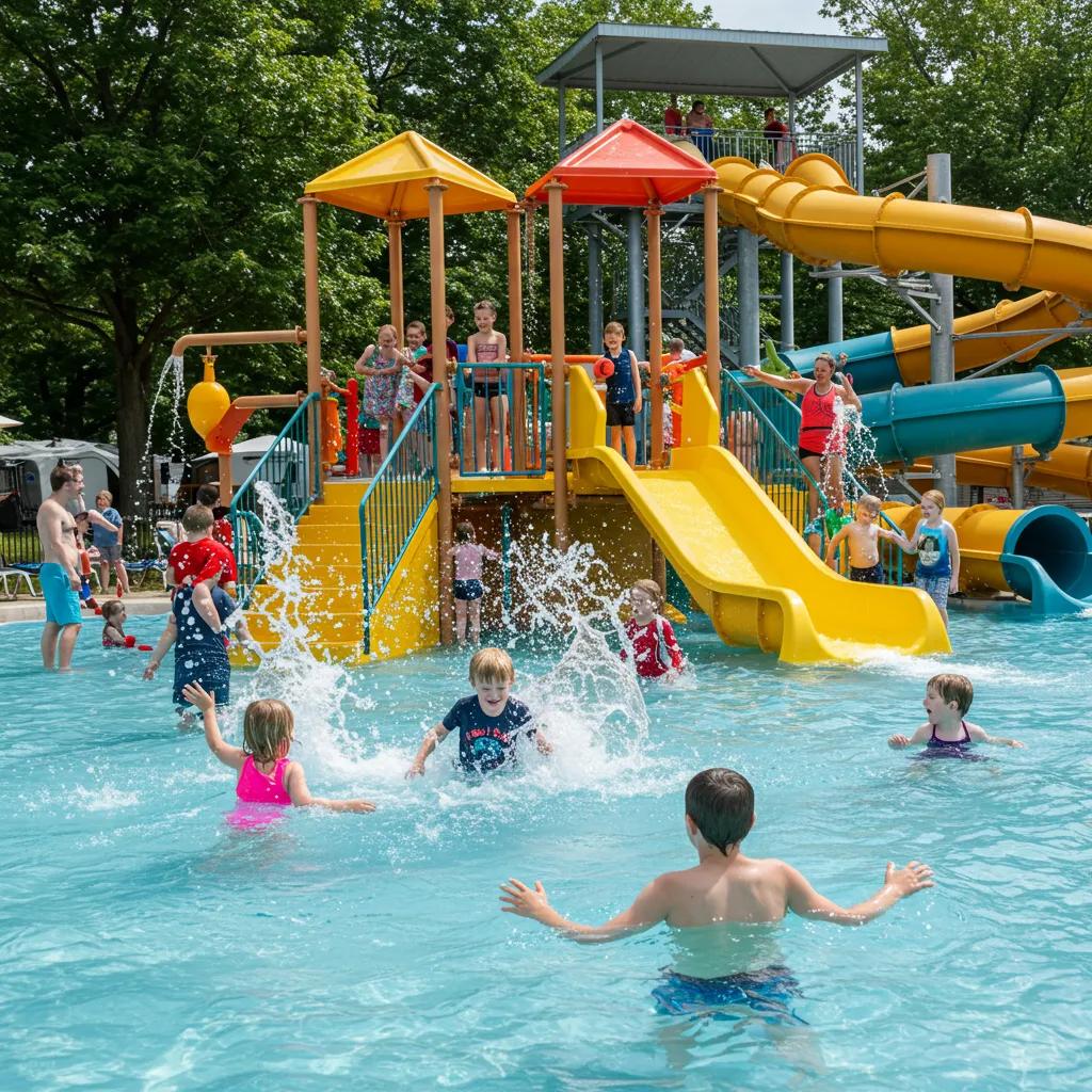 Kids splashing and laughing at a campground water park