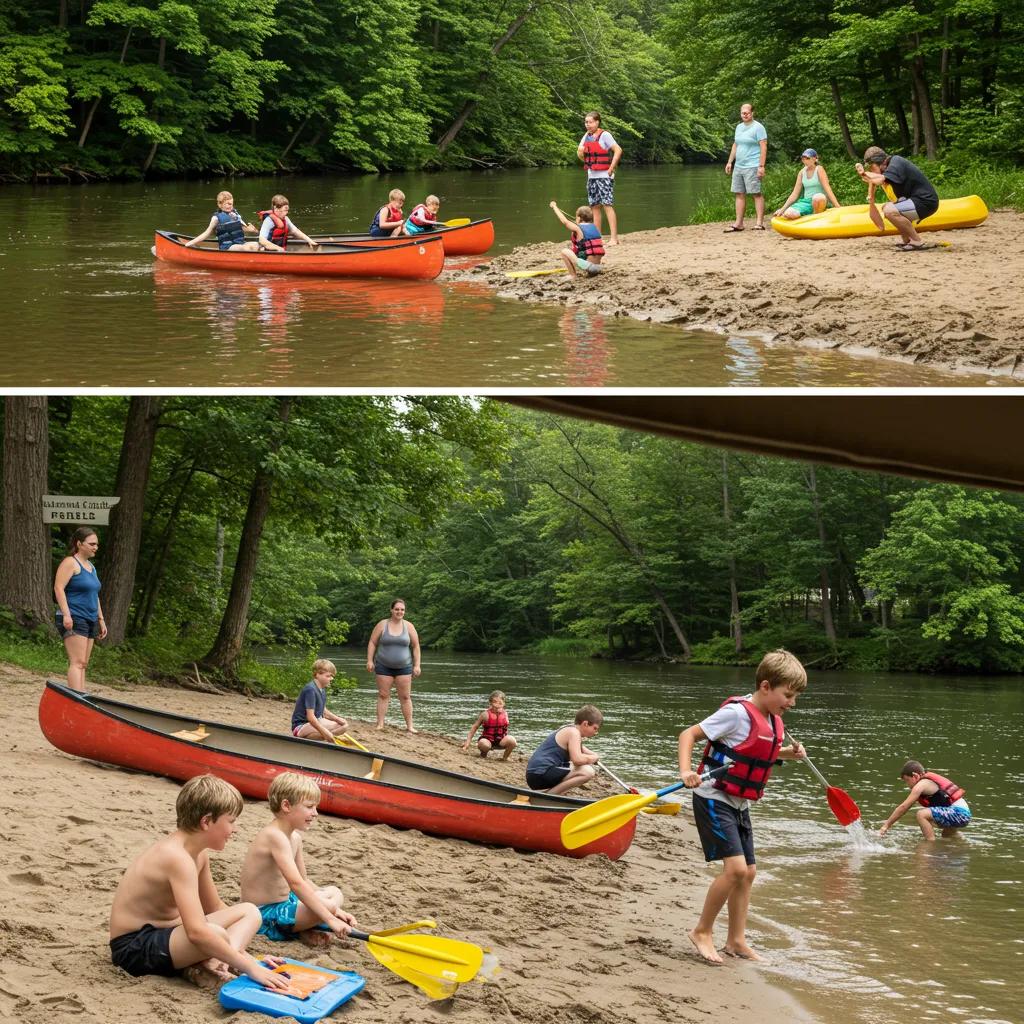 Children enjoying outdoor activities like canoeing and beach play at Walnut Hills