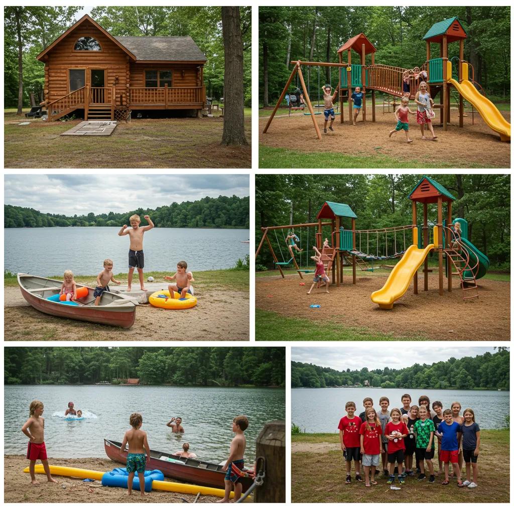 Children enjoying outdoor activities near a cabin, highlighting family-friendly fun and engagement