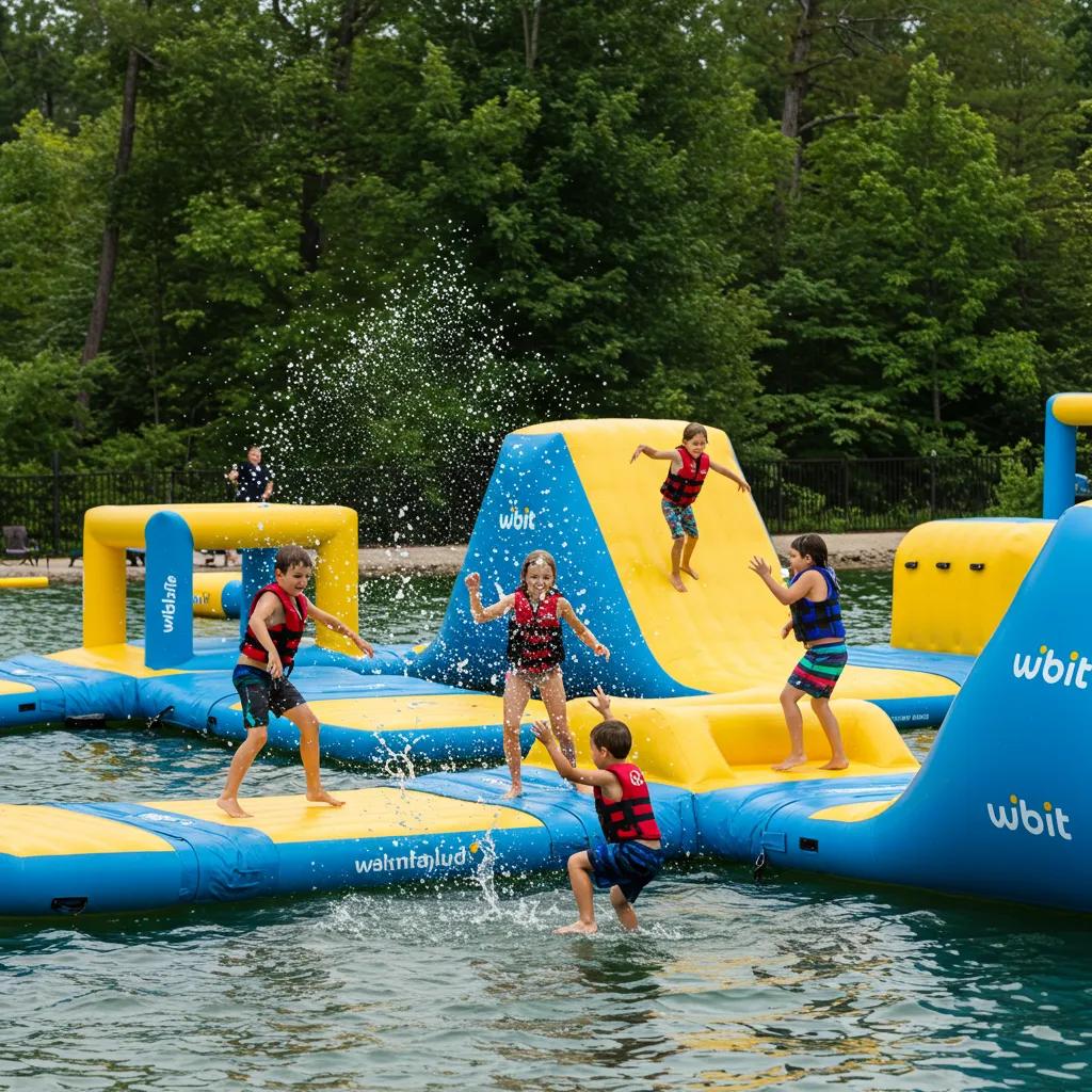 Children enjoying the Wibit water park at Walnut Hills Family Campground