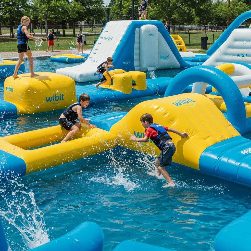 Children enjoying the Wibit water park at Walnut Hills, showcasing fun and family-friendly water activities