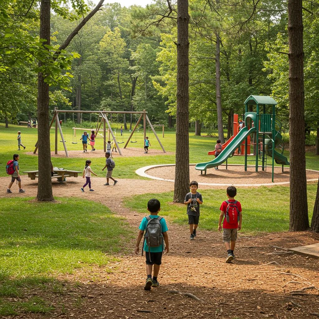 Children exploring outdoor adventures at Camp Dearborn, including hiking and playground activities