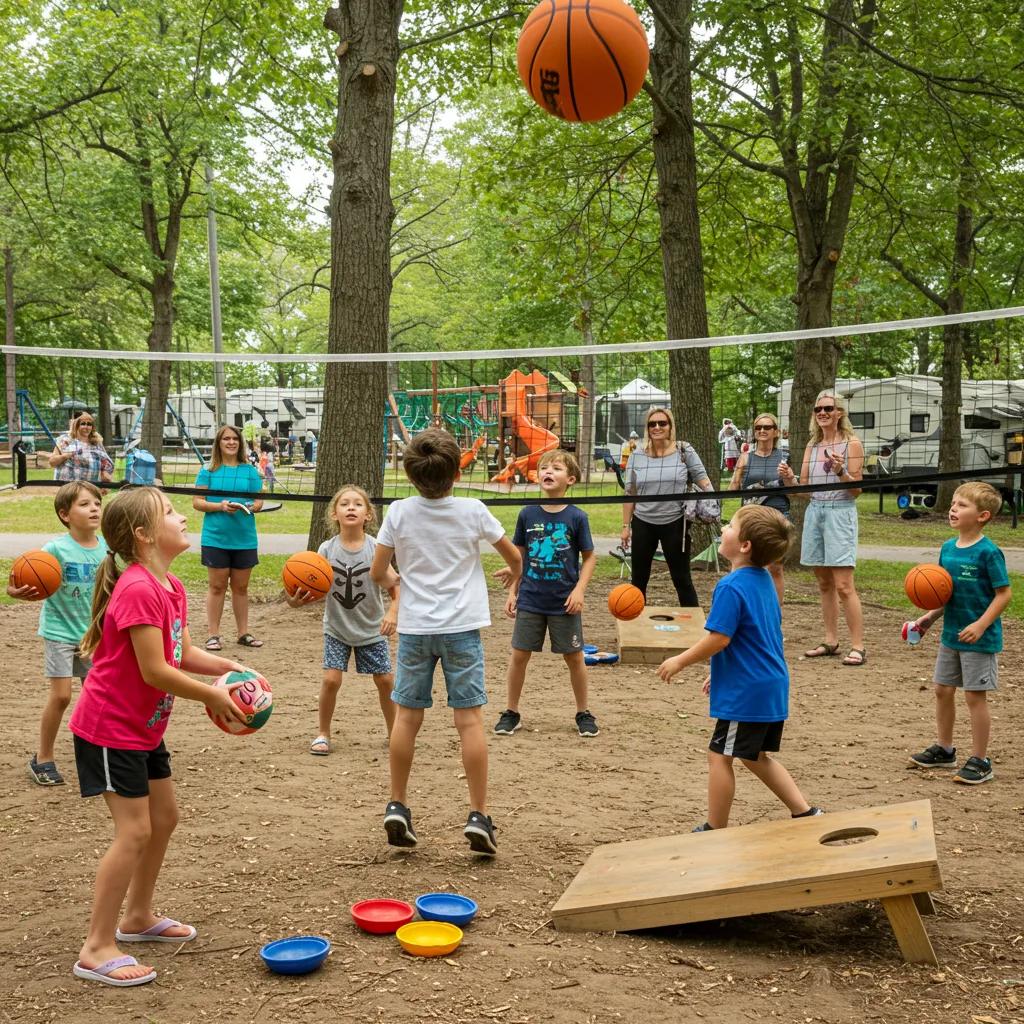 Children participating in outdoor sports and games at a campground