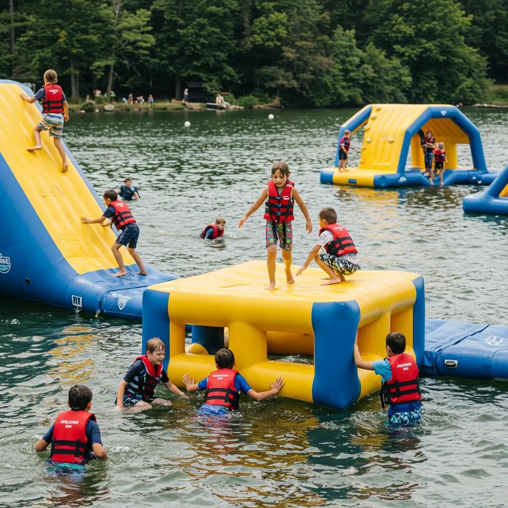 Children participating in water park activities at a Michigan campground, showcasing fun and safety