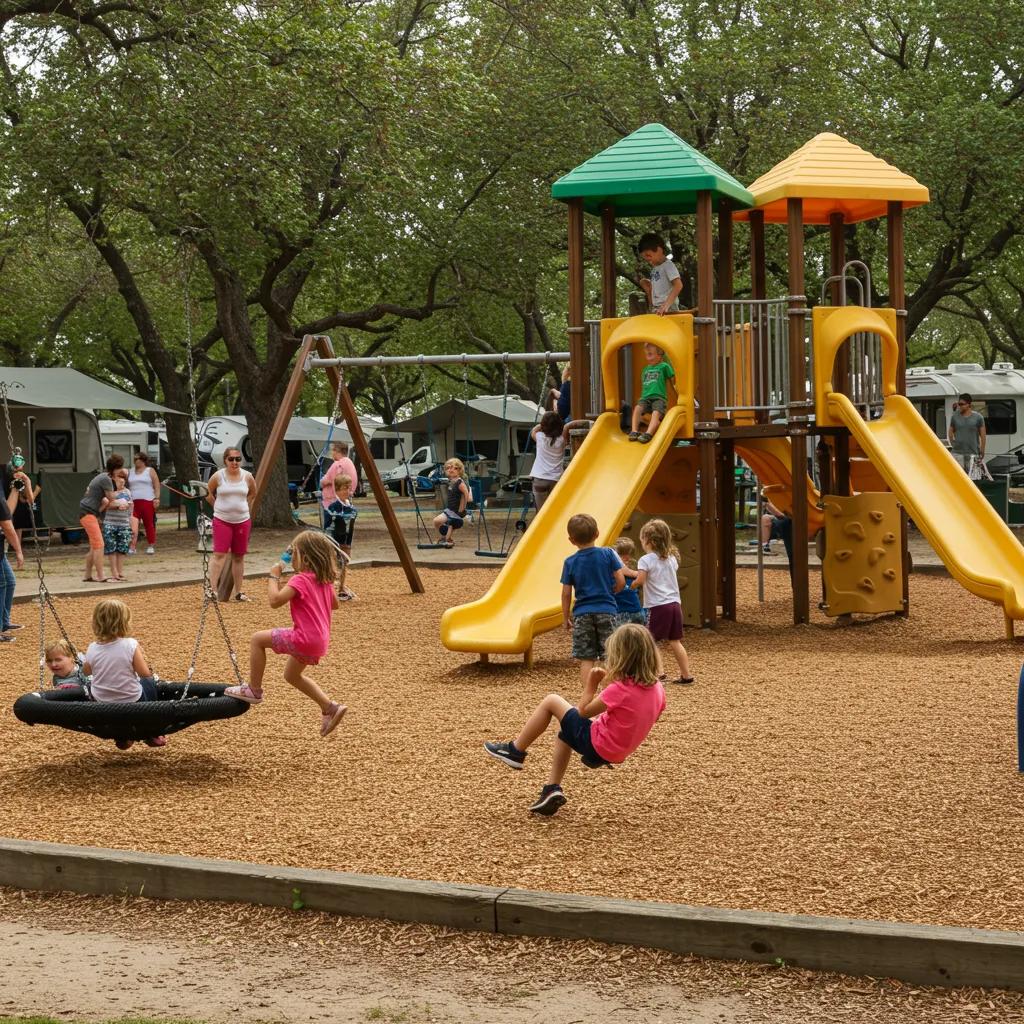 Children playing on a playground at a family-friendly campground, showcasing fun and safety