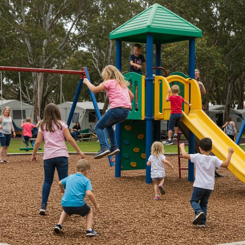 Children playing on a playground, showcasing active outdoor experiences and parental supervision