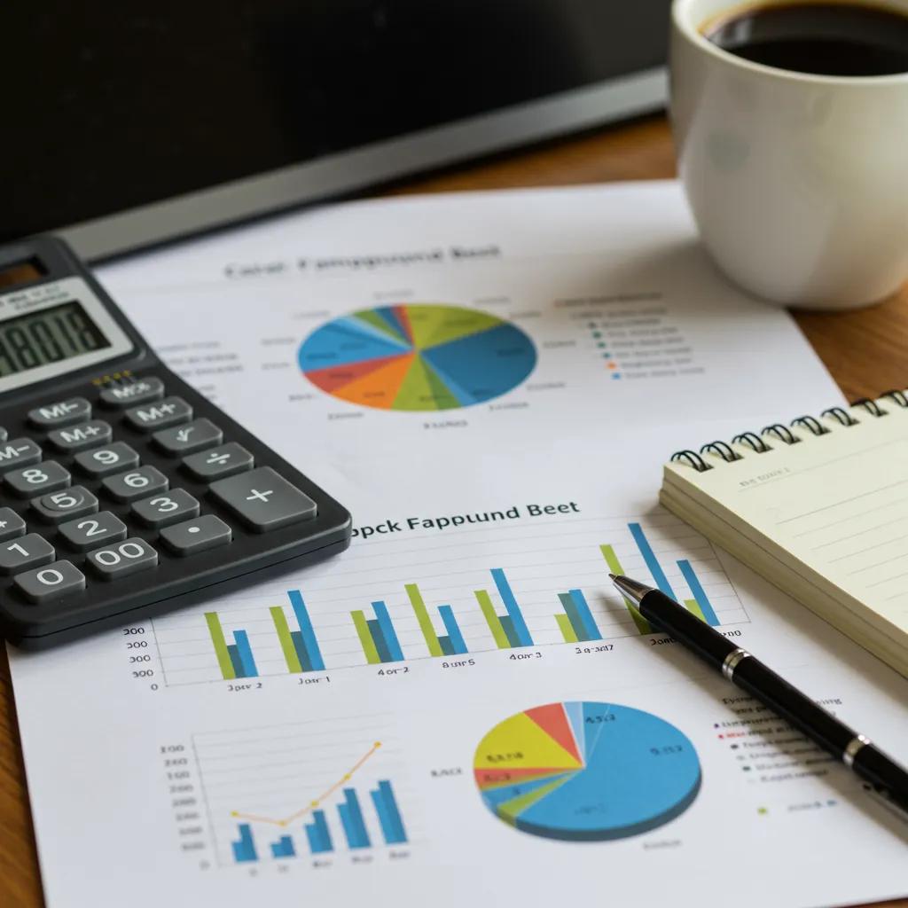 A close-up of a financial report with a calculator and coffee, highlighting campground financial metrics