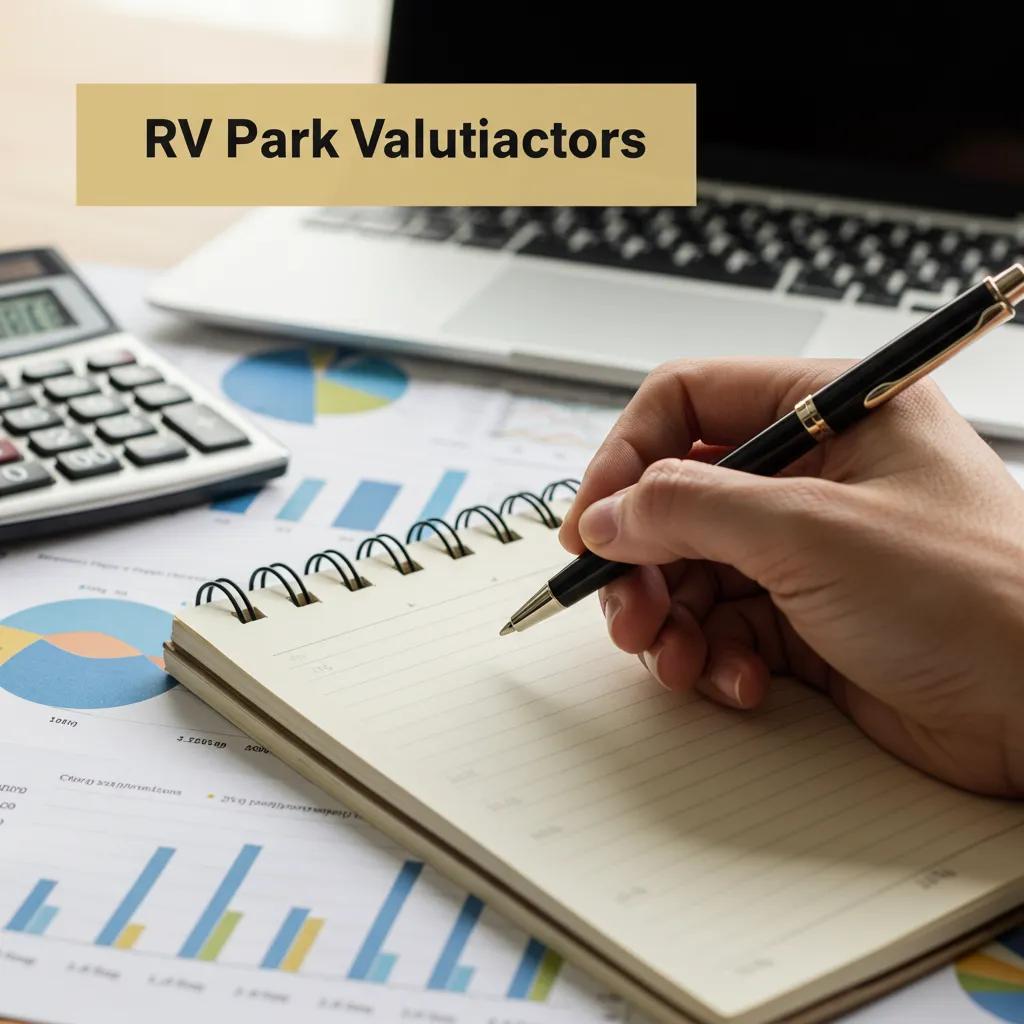 Close-up of a hand analyzing RV park valuation factors with financial documents and a calculator, highlighting the assessment process