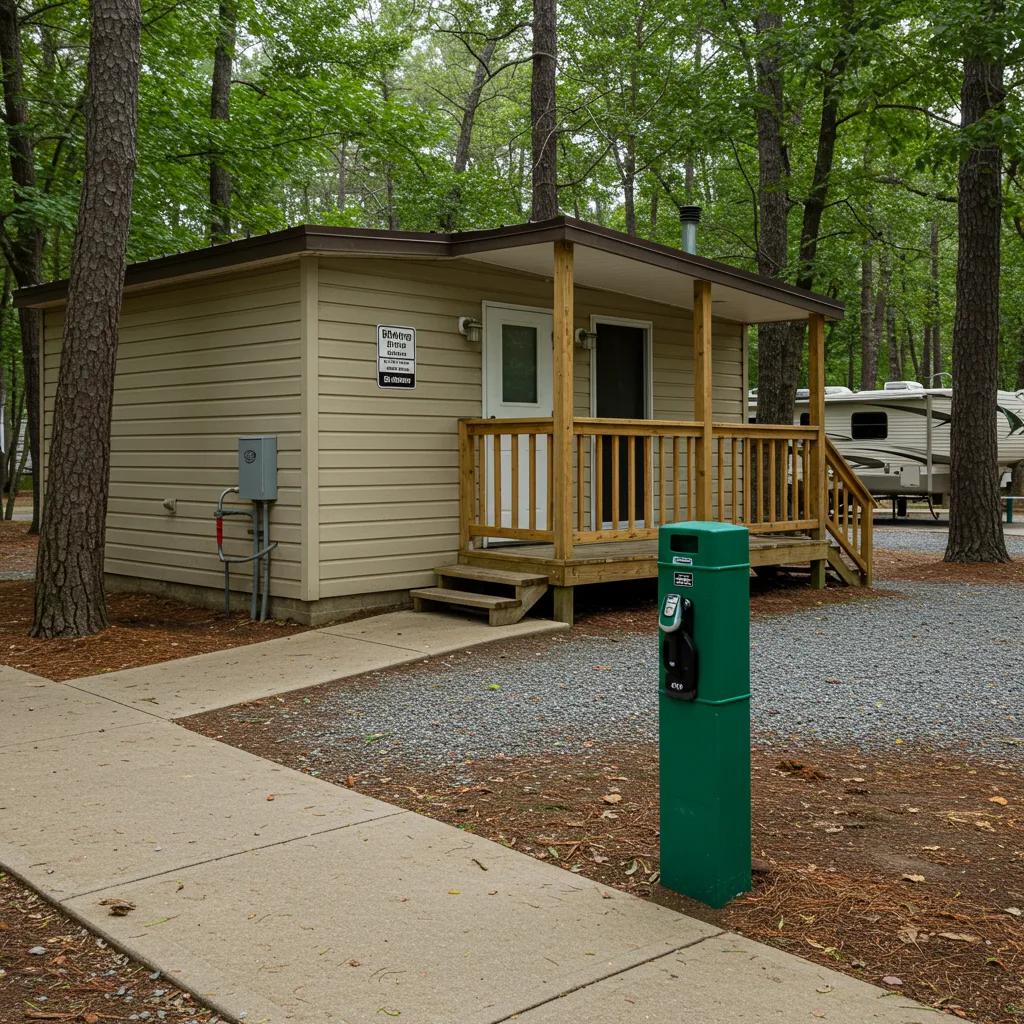 Close-up of campground amenities including bathhouse, utility hookups, and recreational spaces