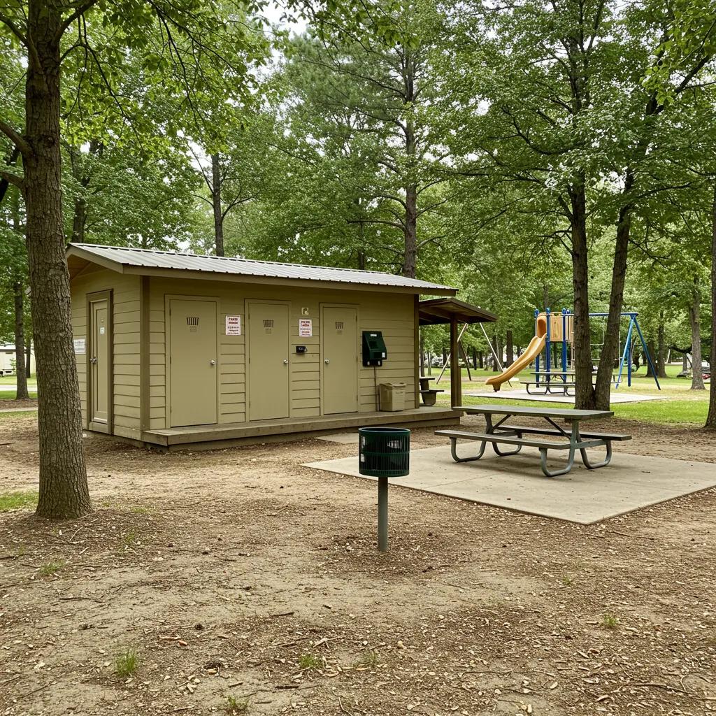 Close-up of campground amenities including restrooms and picnic areas, emphasizing quality and appeal for valuation