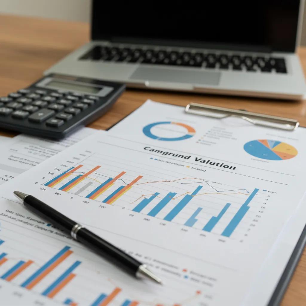 Close-up of campground valuation document with financial analysis tools, illustrating the valuation process