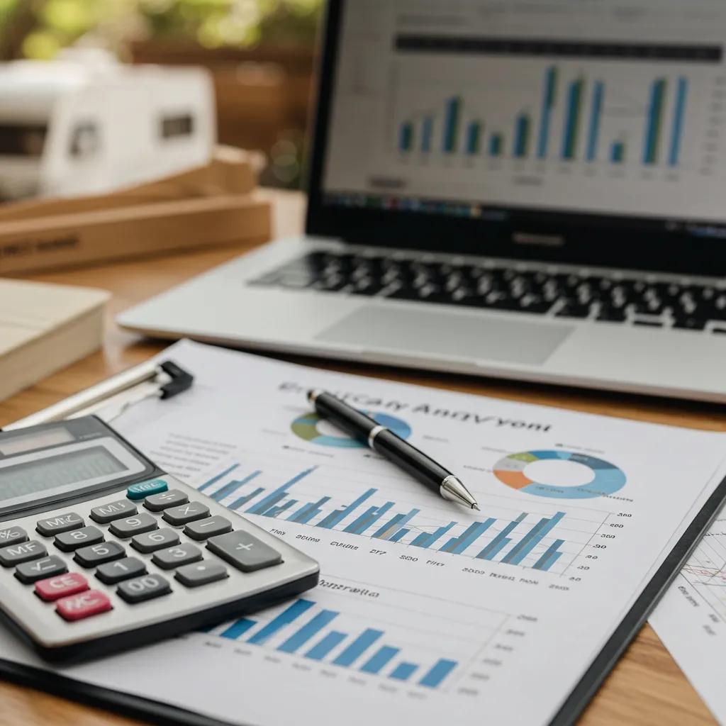 Close-up of financial analysis tools including a calculator and documents, highlighting campground valuation metrics