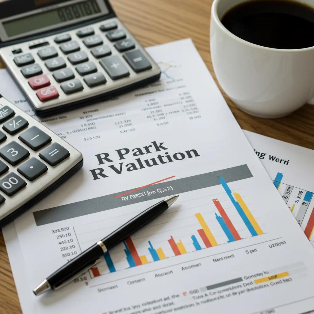 Close-up of financial documents and a calculator representing RV park valuation analysis