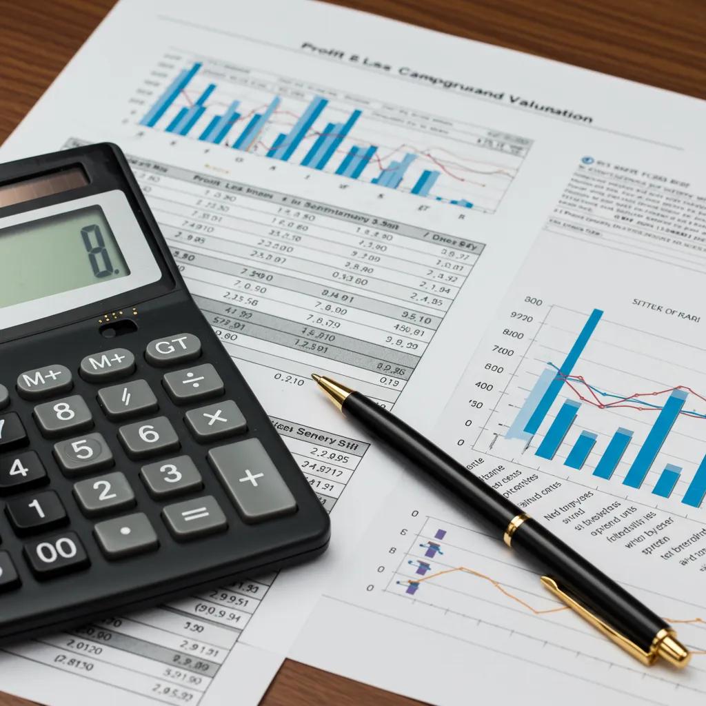 Close-up of financial documents and tools emphasizing the importance of financial performance in campground valuation