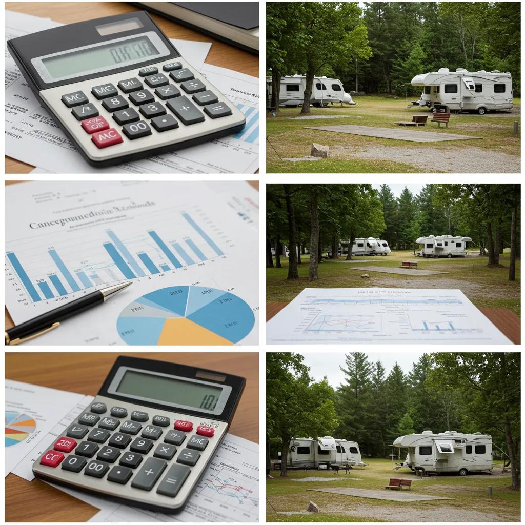 Collage of campground valuation methods including financial documents and scenic campground view