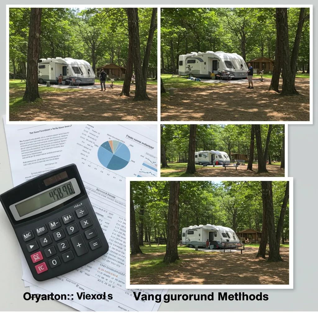 Collage of campground valuation methods including financial documents and scenic views, emphasizing valuation strategies