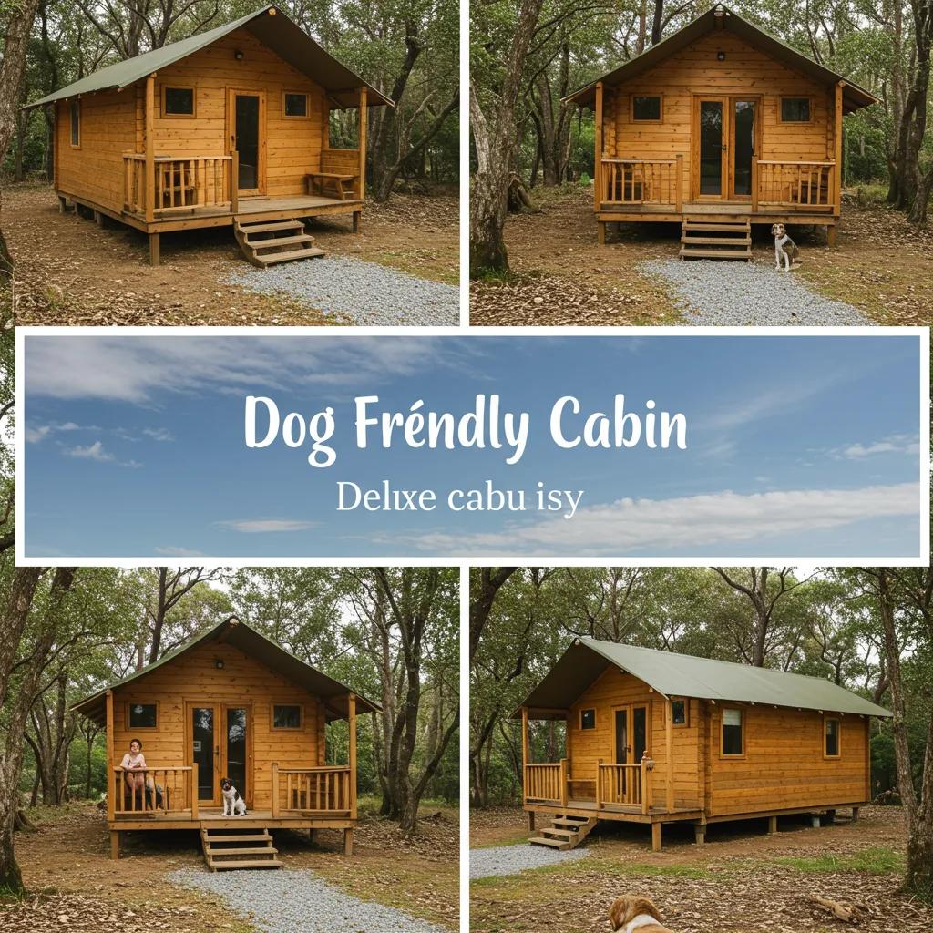 Collage of rustic, deluxe, and glamping dog friendly cabins in Michigan