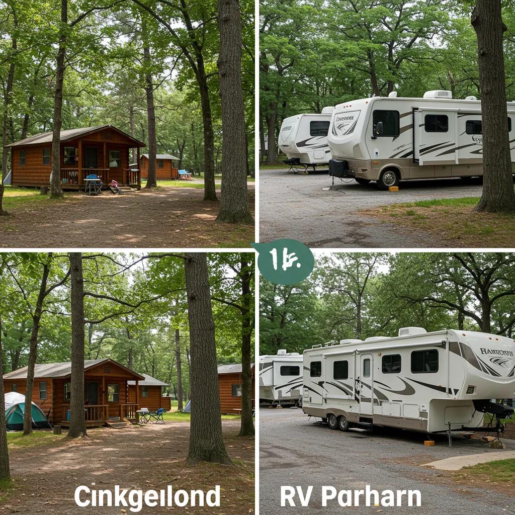 Comparison of campground with tents and cabins alongside an RV park with RVs and hookups