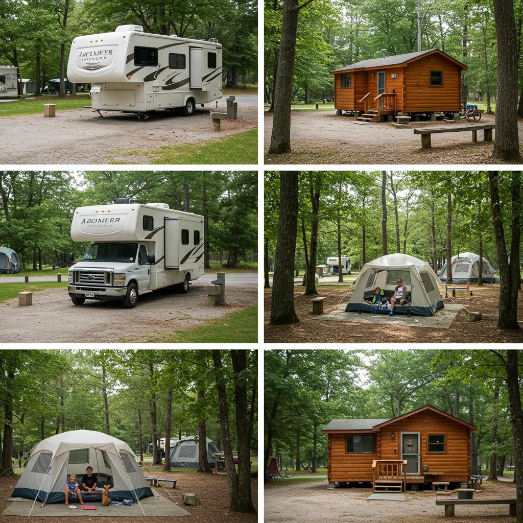 Comparison of RV, tent, and cabin accommodations at a family campground