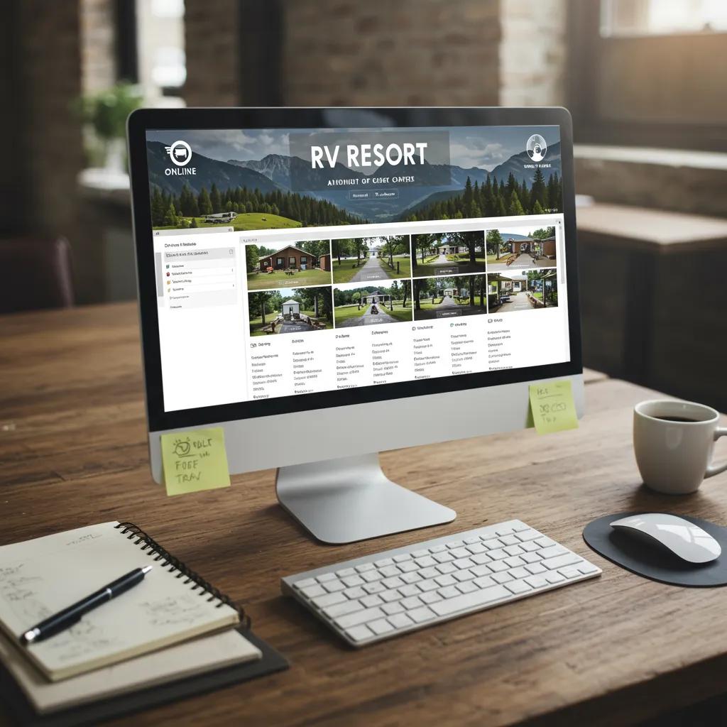 Computer screen showing an online marketplace listing for RV resorts with appealing visuals