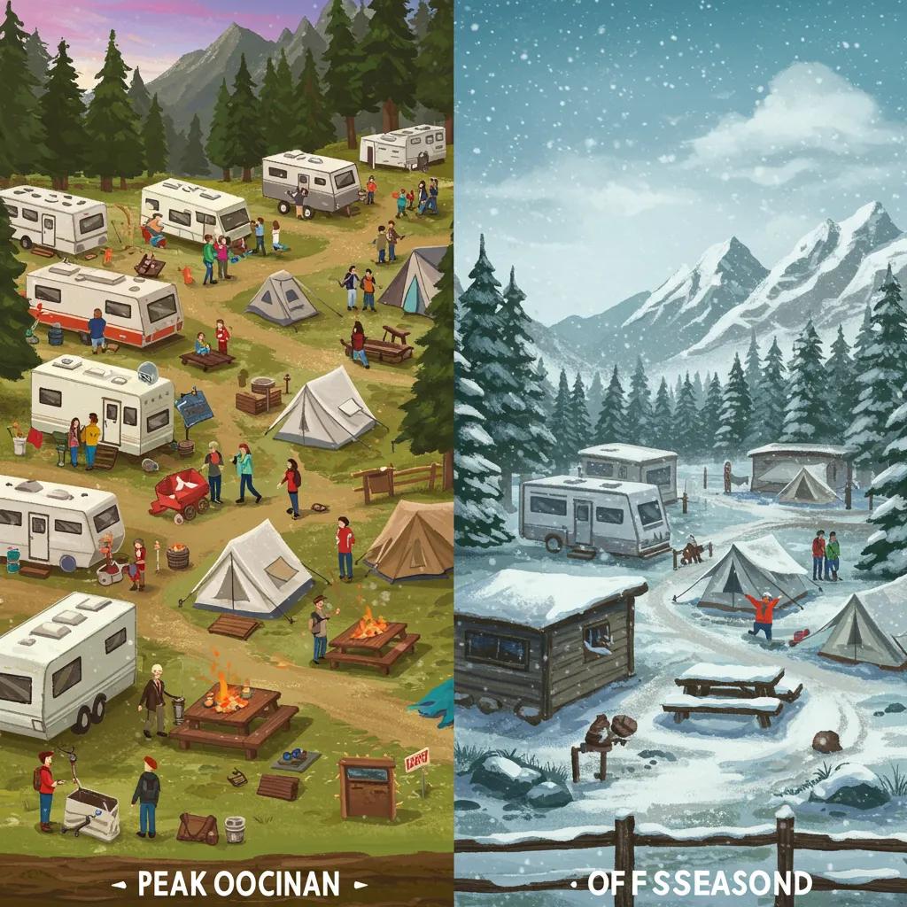 A visual contrast showing a busy, vibrant campground during peak season alongside a quiet, serene campground during the off-season