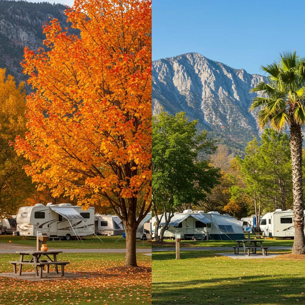 Contrasting campgrounds in northern and southern climates illustrating seasonal pricing variations