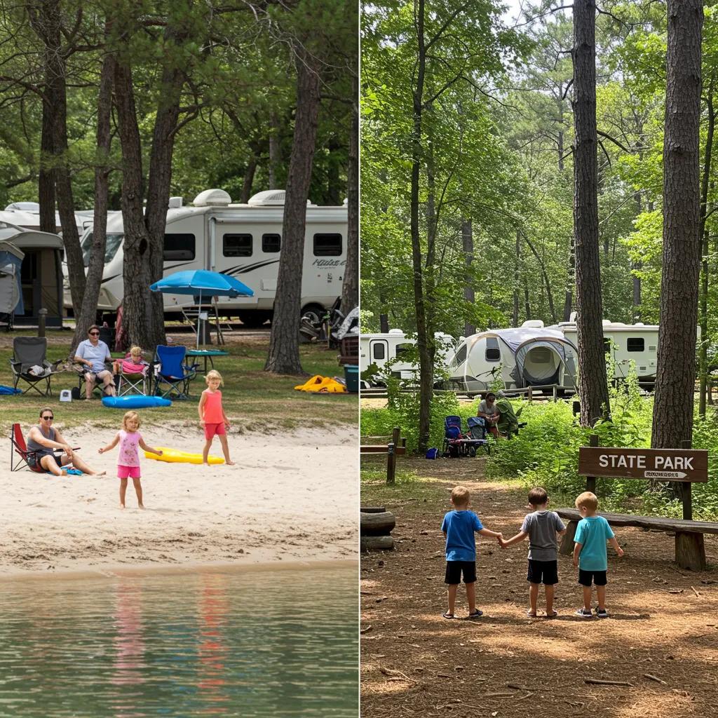 A visual comparison of camping experiences at a private campground and a state park in Ohio