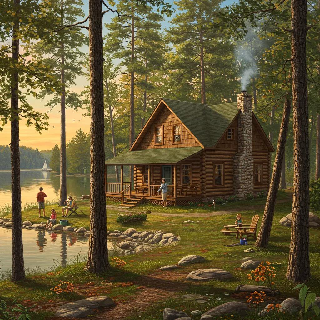 Cozy cabin in Michigan forest with family enjoying outdoor activities