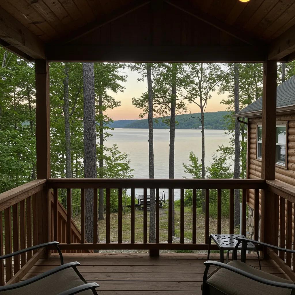 Cozy cabin in the woods with a lake view, representing accommodation options for scenic camping in Michigan