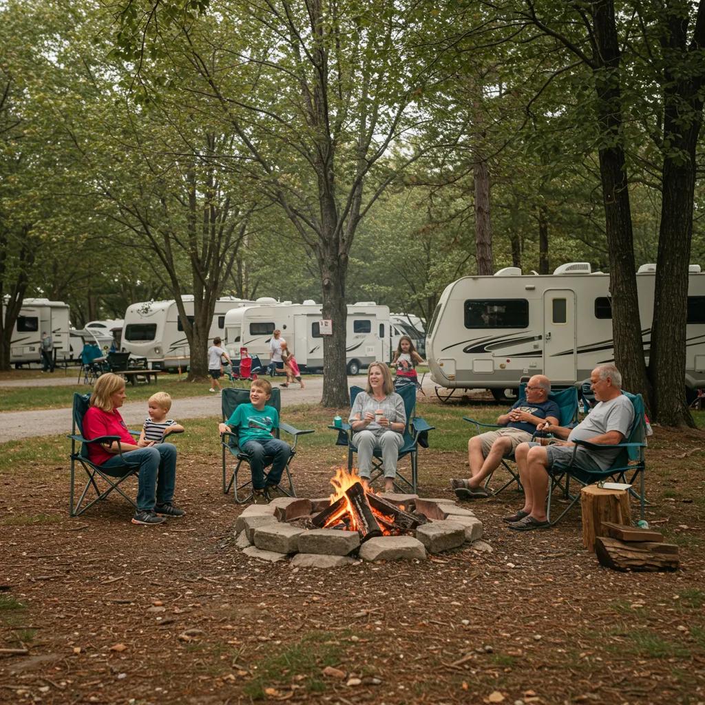 Cozy campground scene with families enjoying outdoor activities, emphasizing community and relaxation