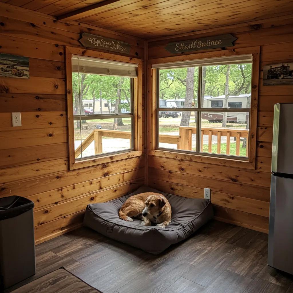 Cozy pet-friendly cabin with a dog resting inside, showcasing comfortable accommodations for camping with pets