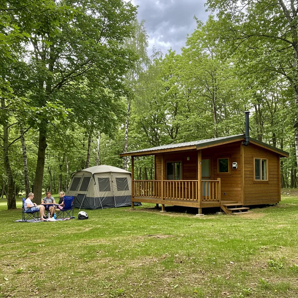 Cozy seasonal cabin in a forest with a family enjoying outdoor activities